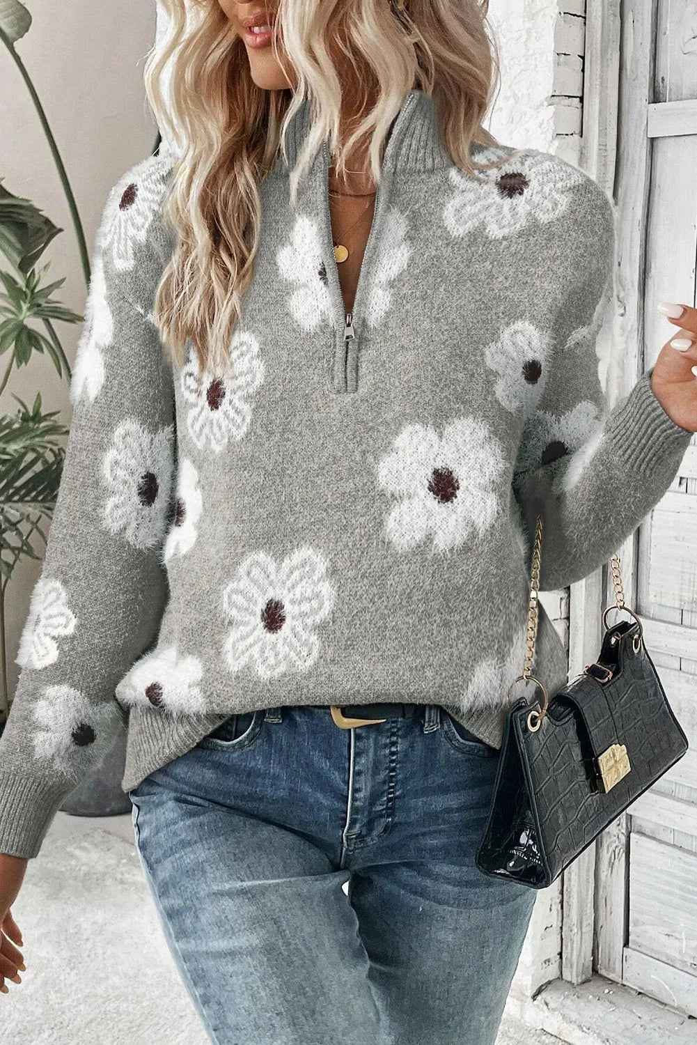 Sweater Met Halve Rits en Bloemenprint voor Dames