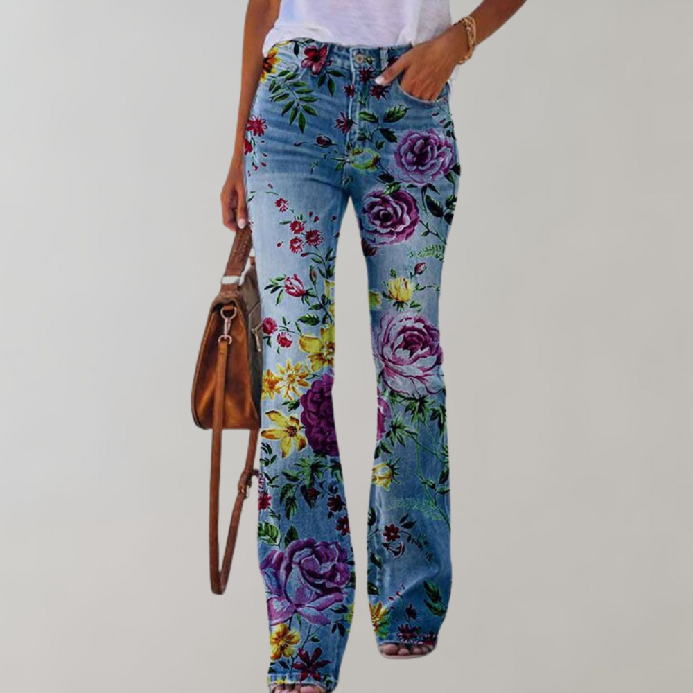 Denim spijkerbroek met bloemenpatroon en stretch flare broek voor dames 