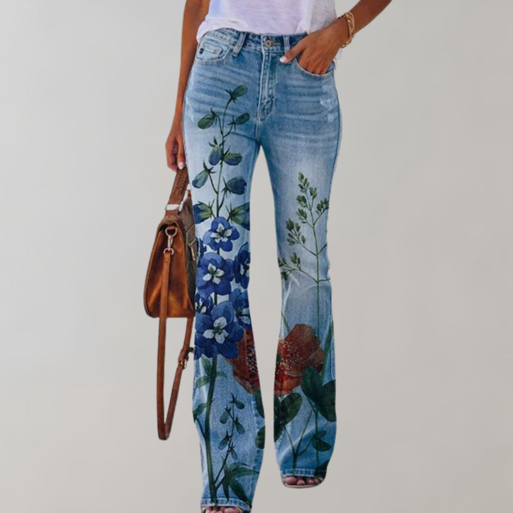 Denim spijkerbroek met bloemenpatroon en stretch flare broek voor dames 