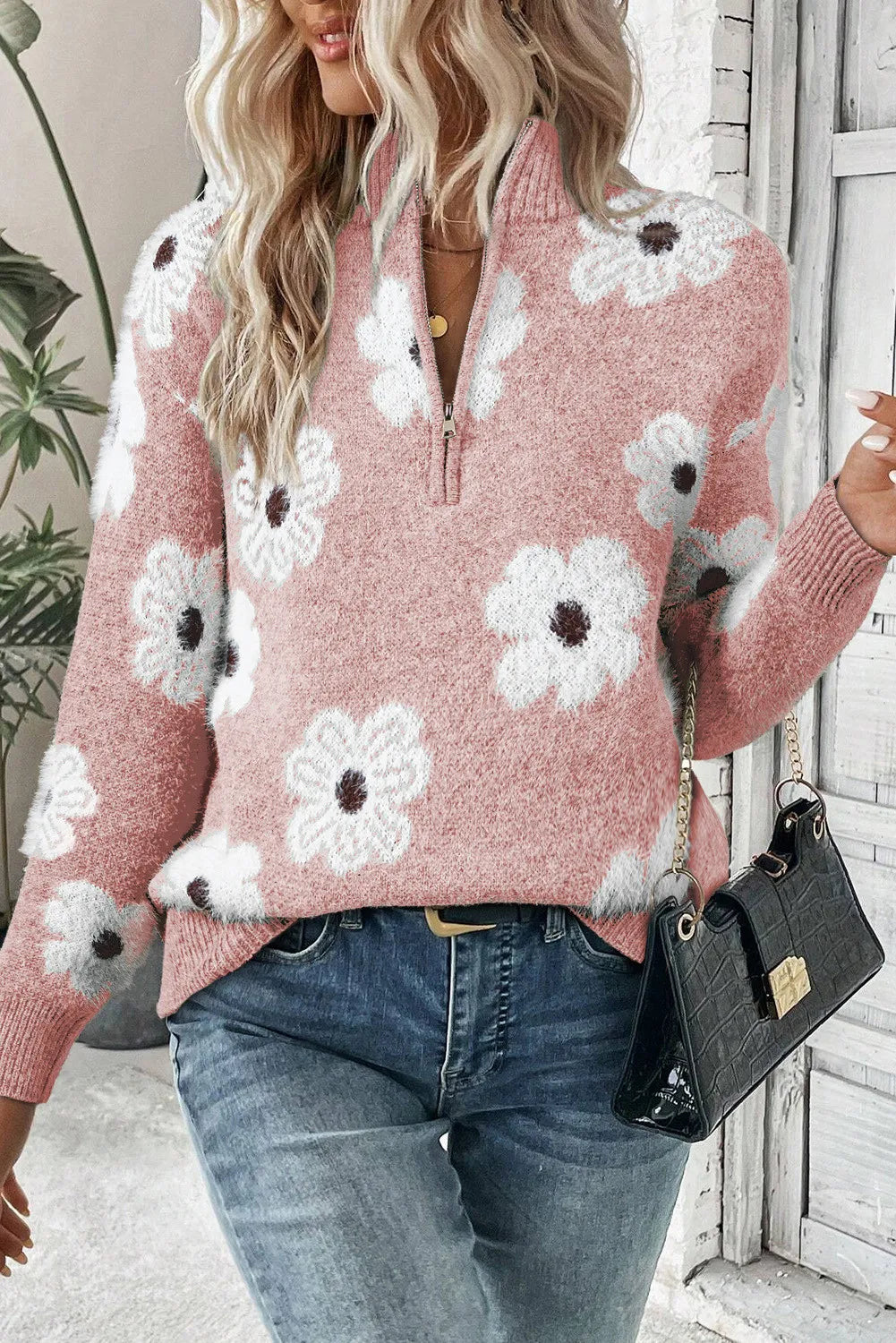 Sweater Met Halve Rits en Bloemenprint voor Dames